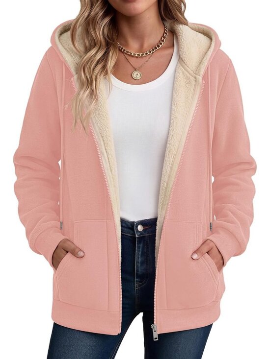 Jackets & Blazers - Women's Pink Fleece Lined Drawstring Hooded Kangaroo Casual Winter Jackets